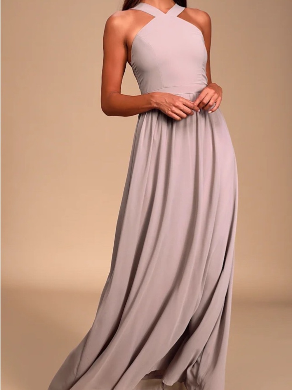 LULUS Petite Air of Romance Taupe Mauve Cross-Back A-Line Maxi Dress size S